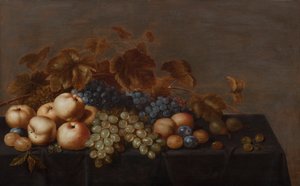 Stilleven van fruit op een tafel bedekt met een donkere doek: pruimen, appels, trossen zwarte en witte druiven en peren